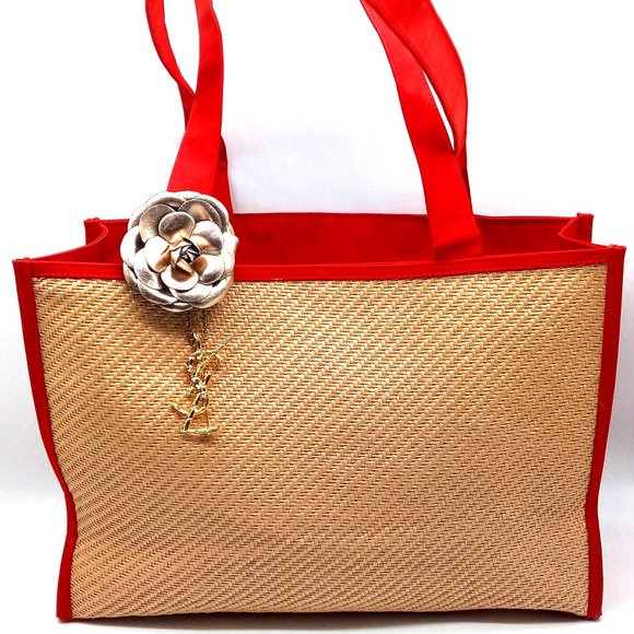 Yves Saint Laurent Handbags - Yves Saint Laurent Jute Canvas Tote YSL Paris Purse Charm Rive Gauche Camila